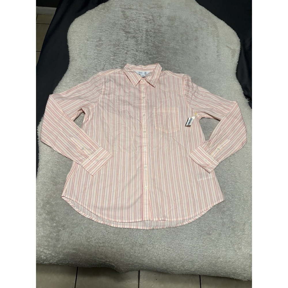 NWT Old Navy The Classic Shirt Womens Size M Stripe Button Down Pink Red New